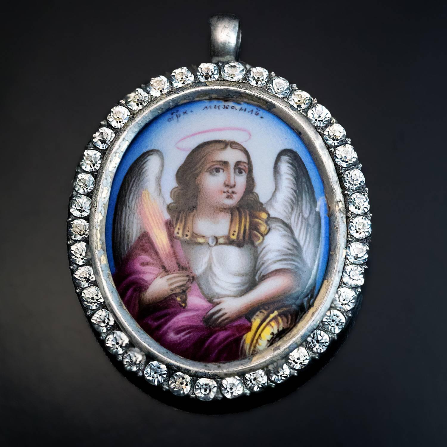 Victorian Antique Archangel Michael Enamel Icon Medallion Pendant 1853