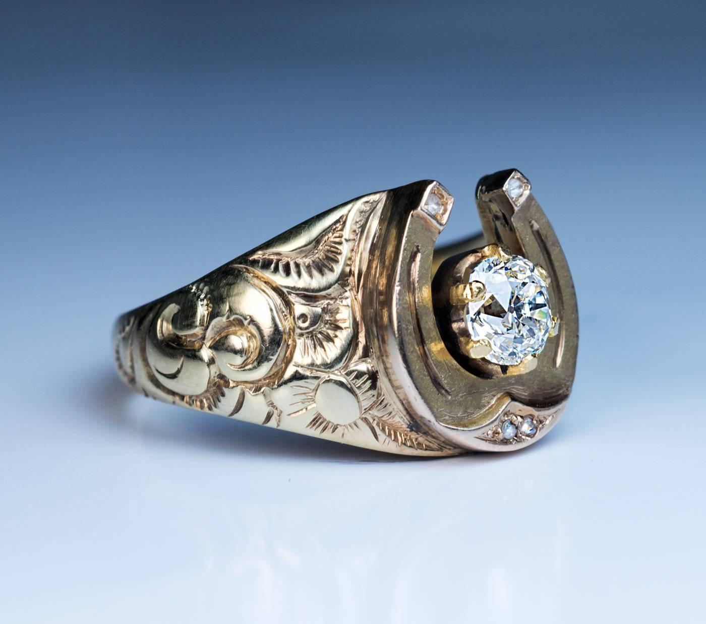 Antique Mid 1800s Diamond Gold Men’s Horseshoe Ring For Sale at 1stdibs