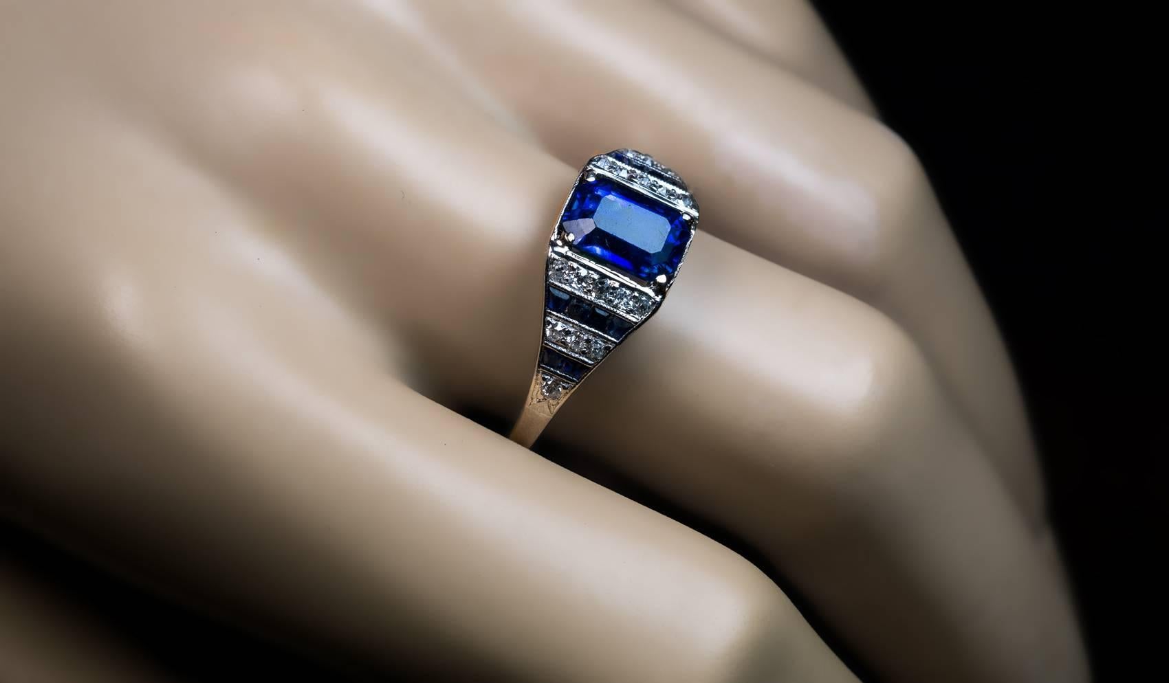 Emerald Cut Art Deco Sapphire Diamond Platinum Engagement Ring