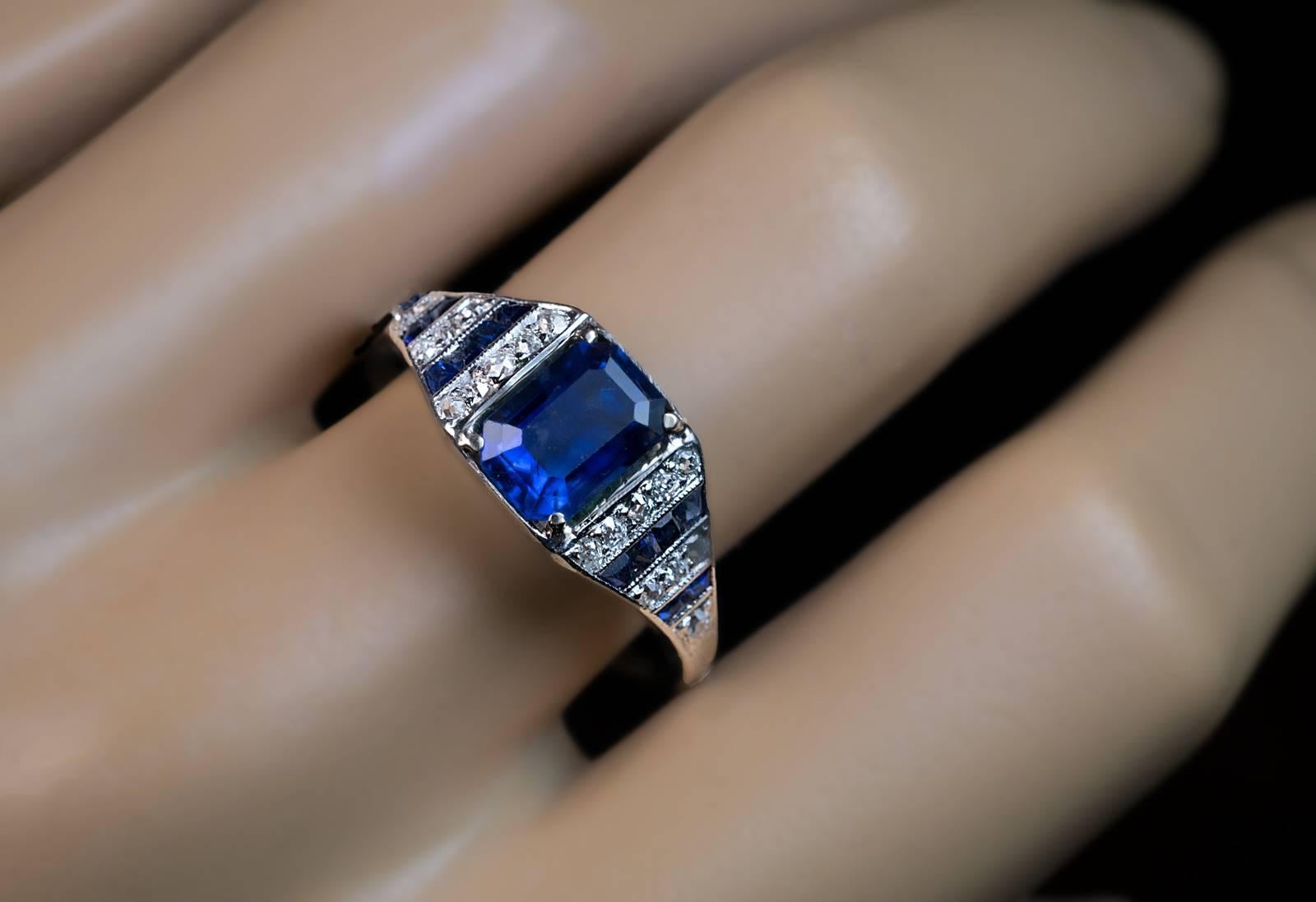 Women's or Men's Art Deco Sapphire Diamond Platinum Engagement Ring