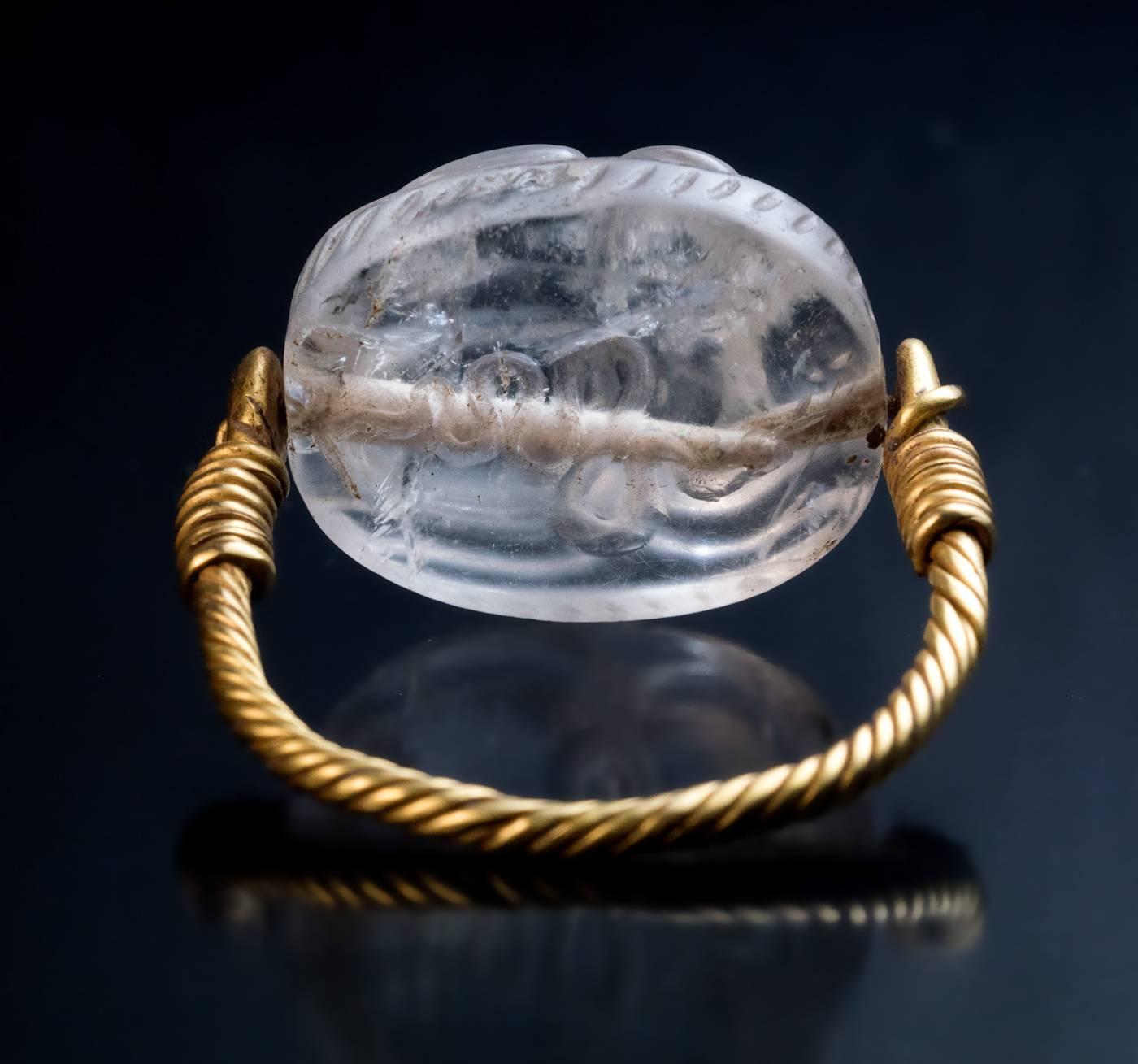Women's or Men's Ancient Greek Rock Crystal Gold Swivel Signet Ring For Sale