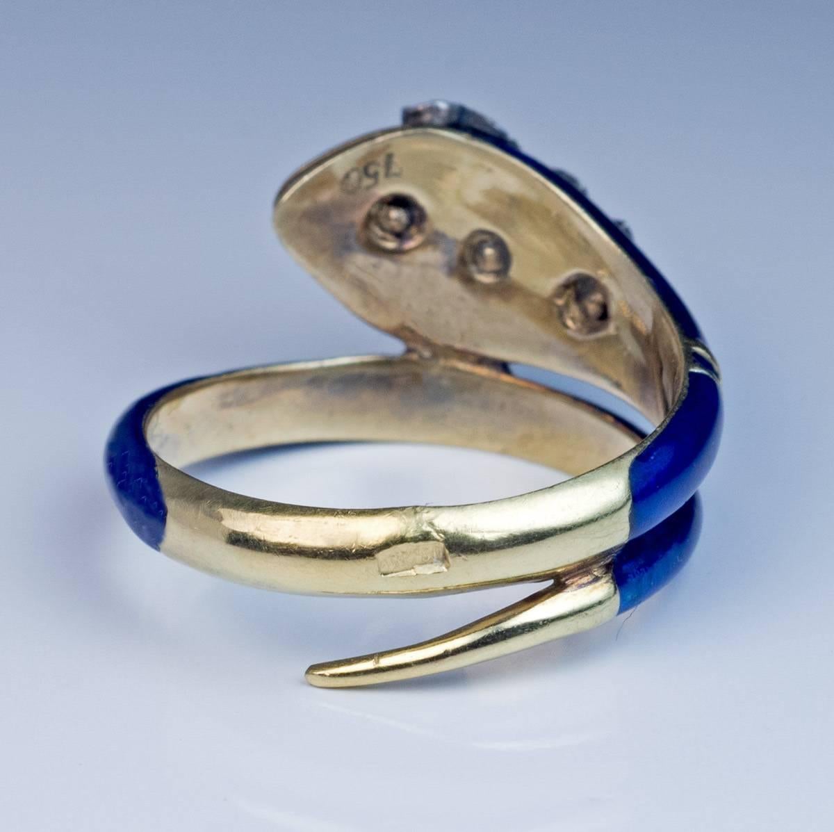 Old European Cut Antique Victorian Enamel Diamond Ruby Gold Snake Ring