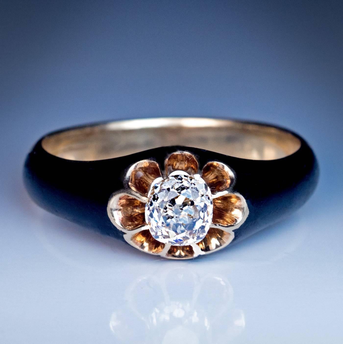 Antique Black Enamel Diamond Gold Unisex Ring 1