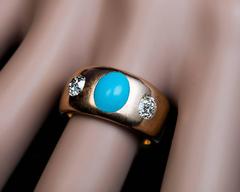 Antique Turquoise Diamond Three Stone Gold Ring