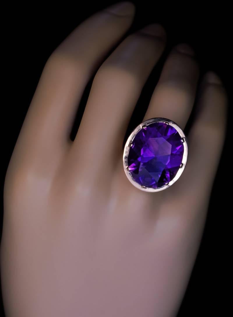 Soviet era vintage Russian cocktail ring, circa 1960

A 14K rose gold ring features a huge richly saturated oval Siberian amethyst (23.3 x 18.5 x 12.2 mm, approximately 27.87 ct) of a vibrant deep purple color.

Ring size 9.5 (sizable)