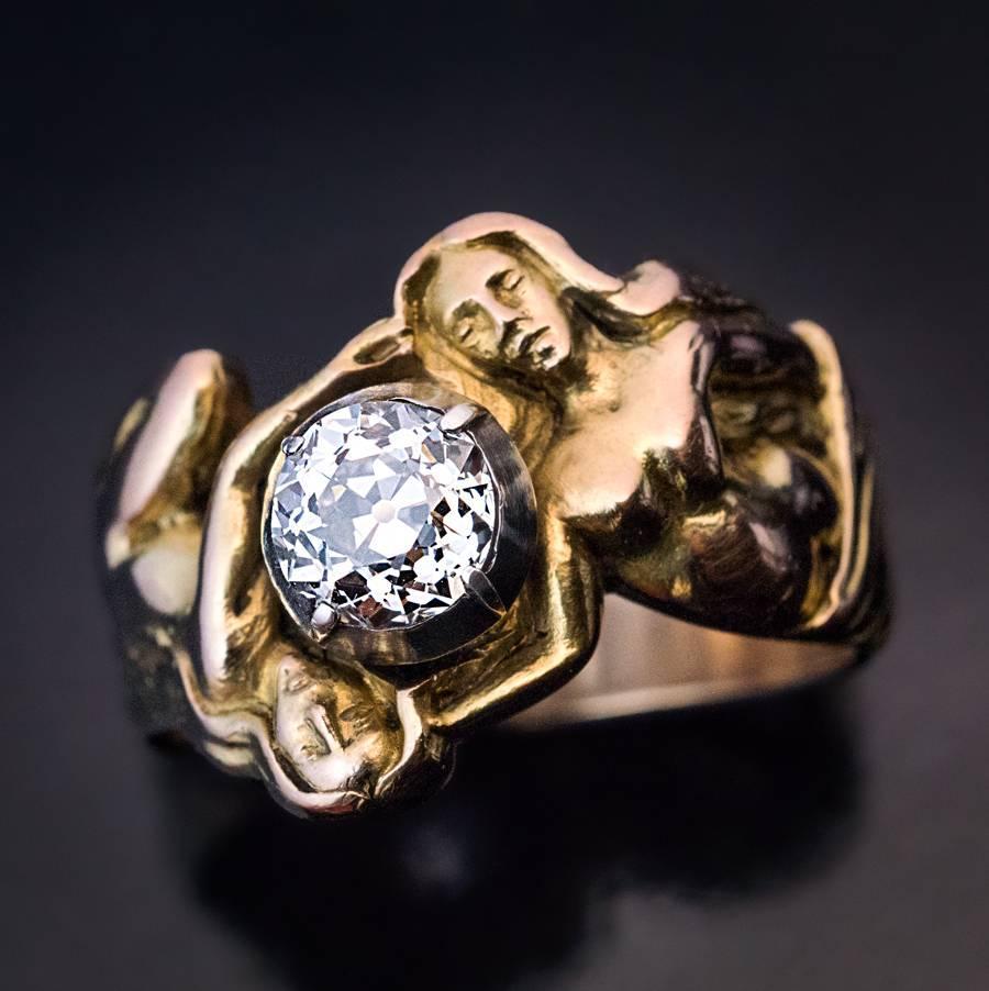 Antique Art Nouveau Diamond Gold Sculptural Men’s Ring For Sale at 1stdibs