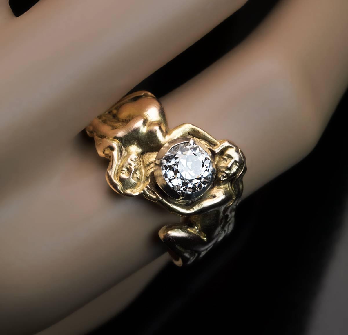 Old European Cut Antique Art Nouveau Diamond Gold Sculptural Men’s Ring