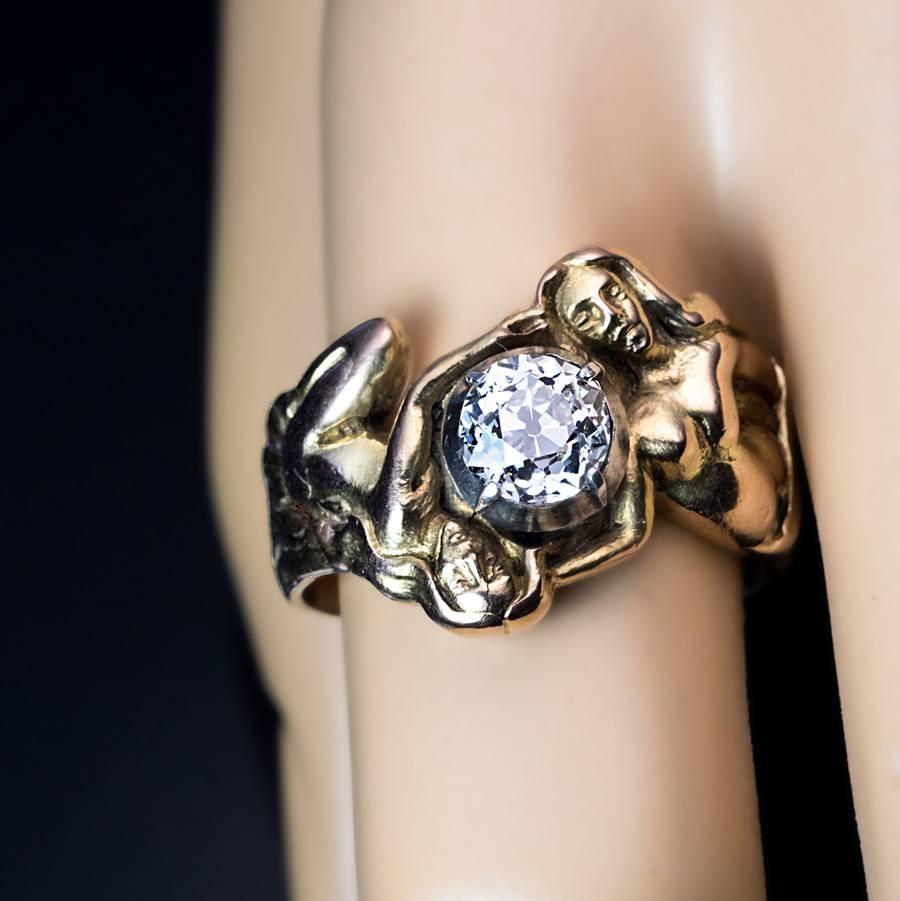 Antique Art Nouveau Diamond Gold Sculptural Men’s Ring 1