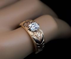 Antique Art Nouveau Cushion Cut Diamond Gold Carved Men's Ring
