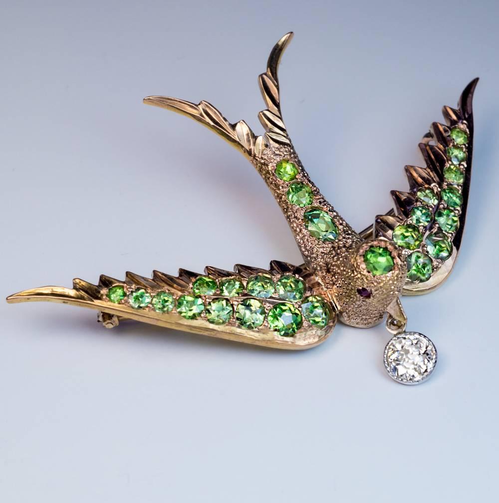 Art Nouveau Antique Russian Demantoid Diamond Gold Bird Brooch