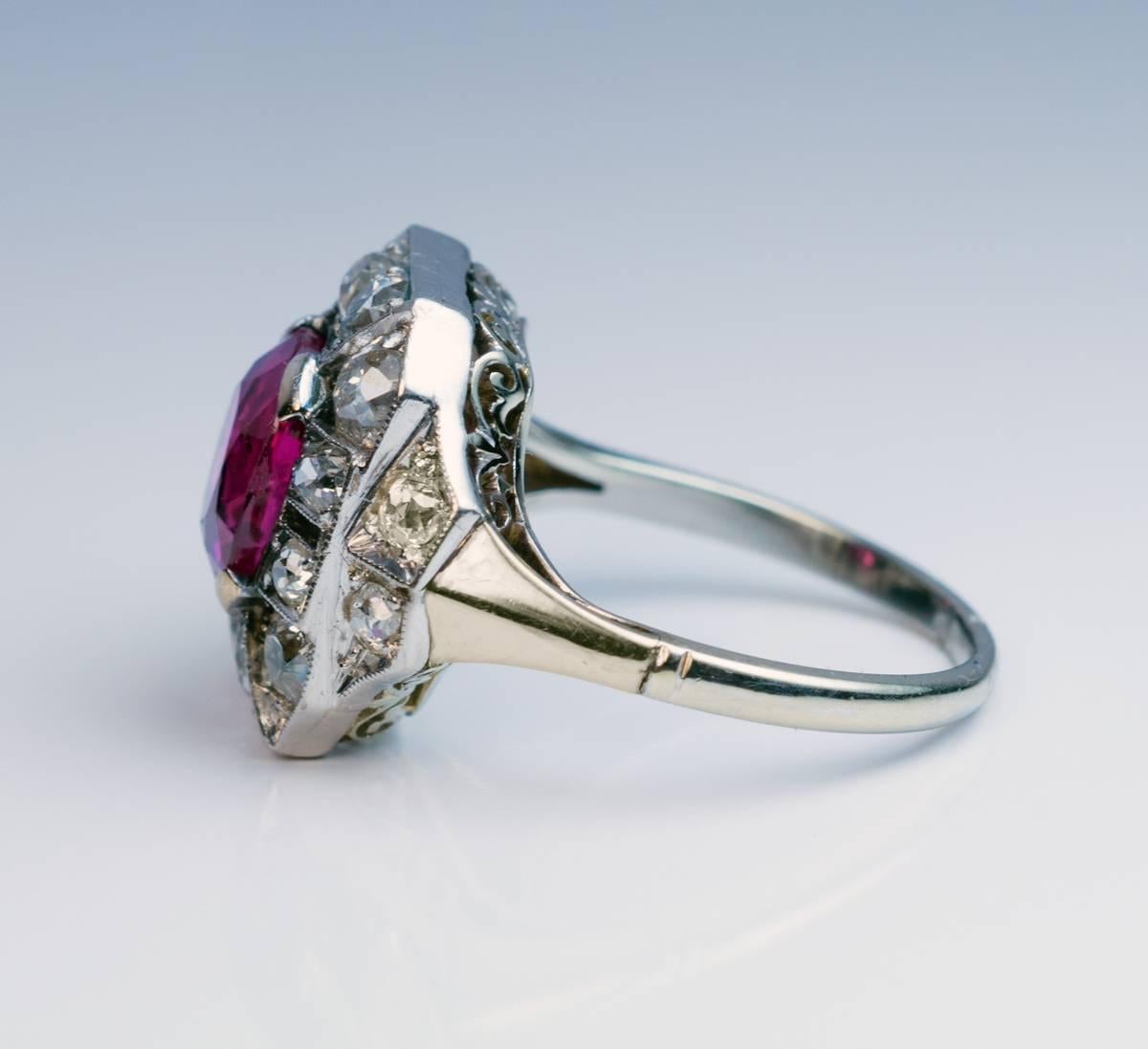 Women's Art Deco 2.60 Carat Burmese Ruby Diamond Gold Platinum Engagement Ring