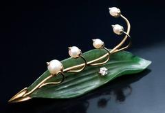 Lily of the Valley Carved Nephrite Jade Pearl Diamond Gold Brooch