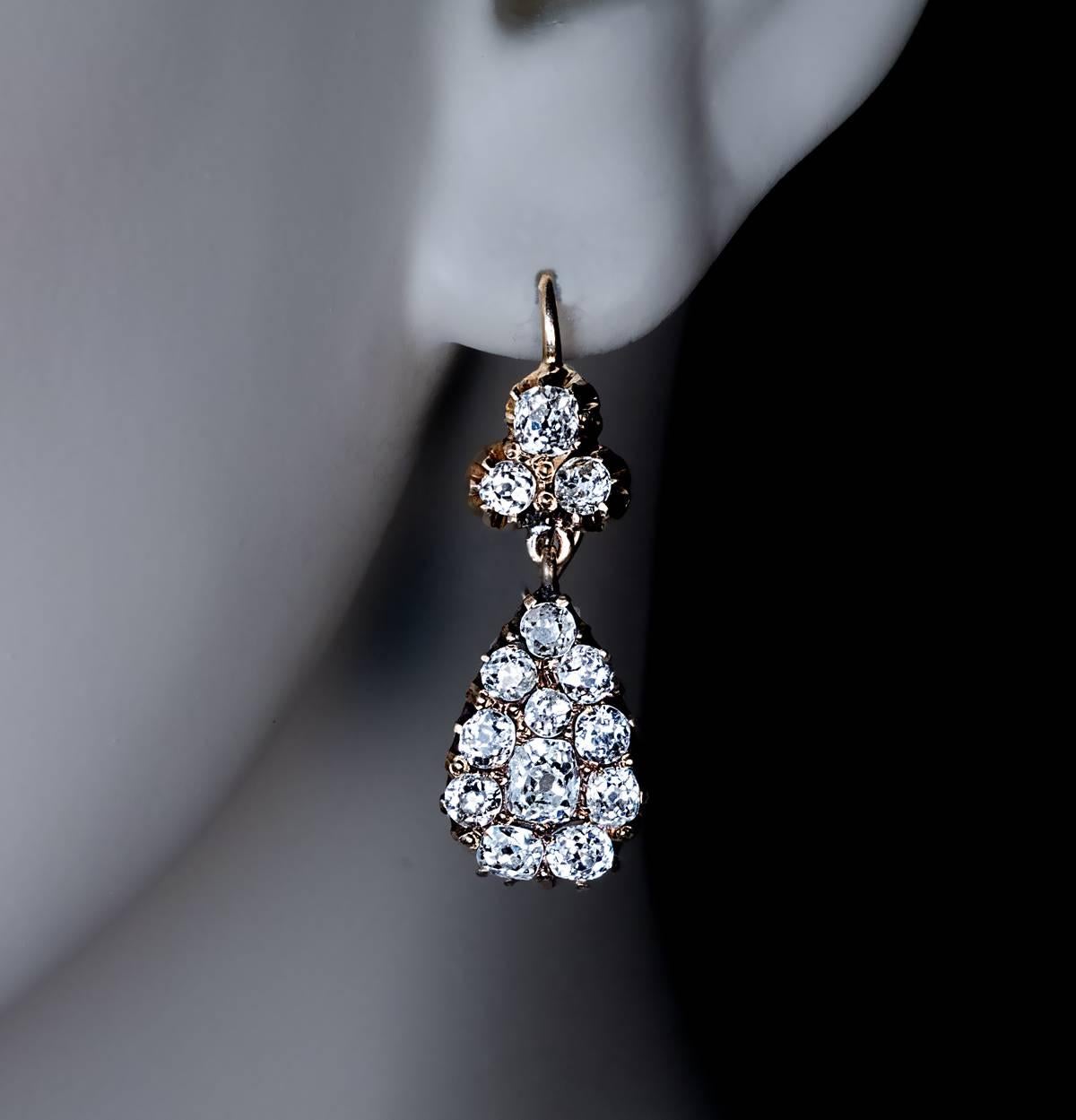 Made in Odessa between 1908 and 1917

The earrings are crafted in 14K gold and prong set with bright white (F-G color) and sparkling antique cushion cut and old European cut diamonds.

Estimated total diamond weight 3 carats.

Marked with 56