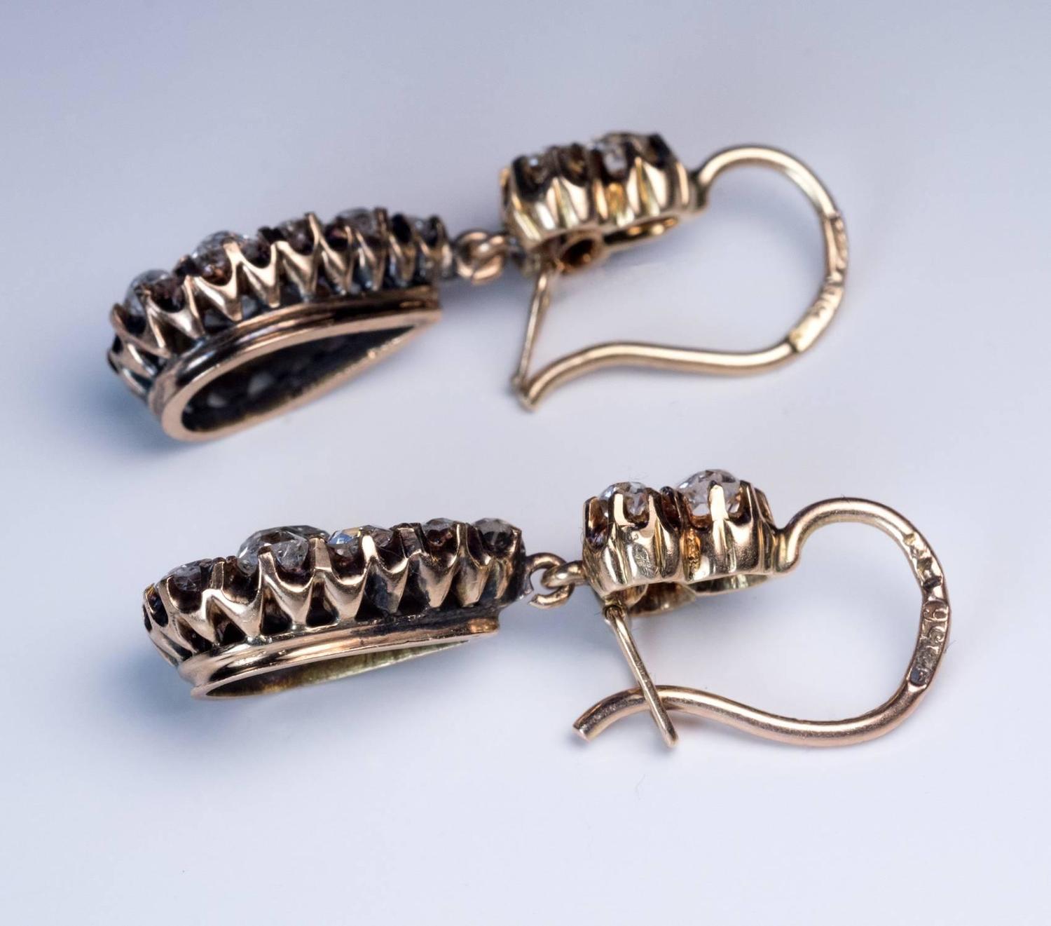 Antique Russian Diamond Gold Drop Earrings For Sale at 1stdibs