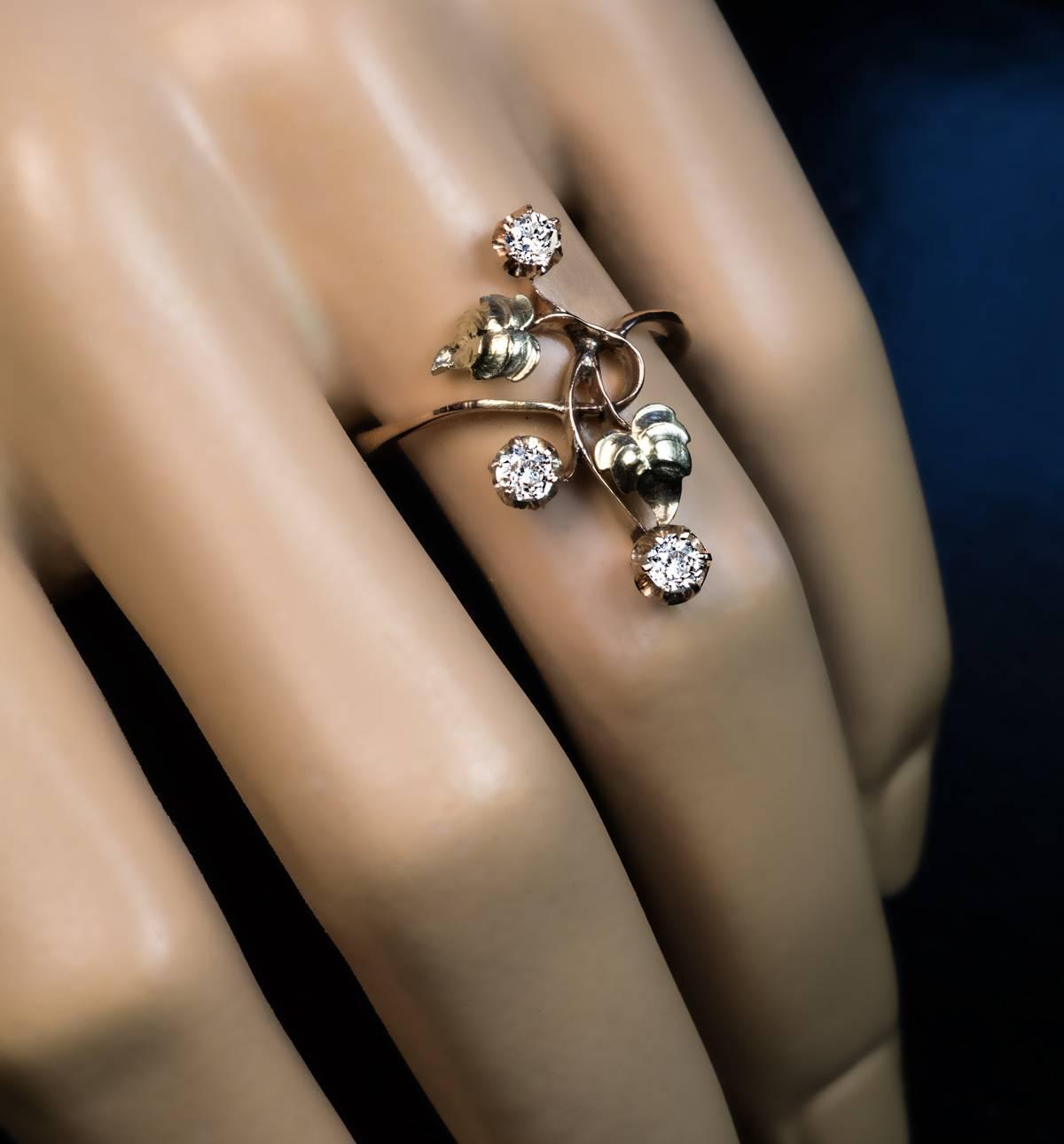 Women's or Men's Antique Art Nouveau Diamond Two Color Gold Flower Ring