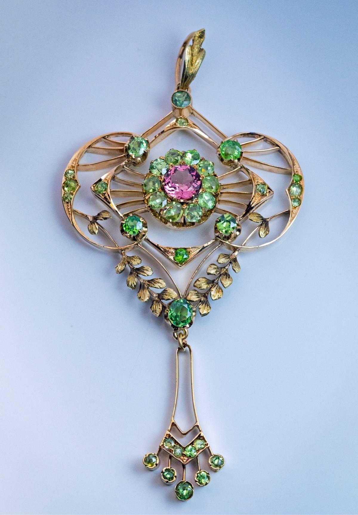 Art Nouveau Belle Epoque Antique Demantoid Tourmaline Gold Pendant