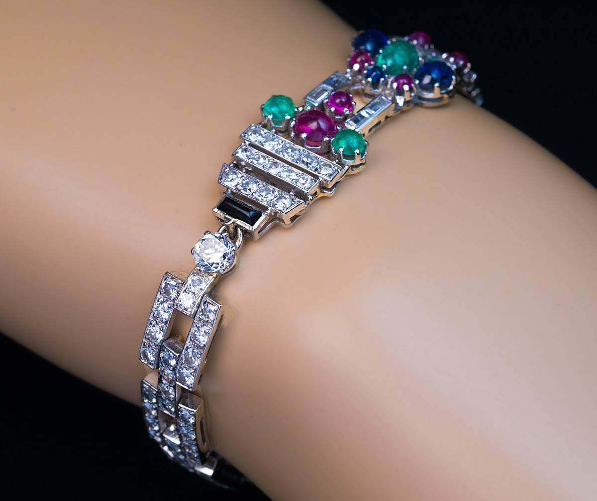 Art Deco Tutti Frutti Gemstone Platinum Bracelet In Excellent Condition In Chicago, IL