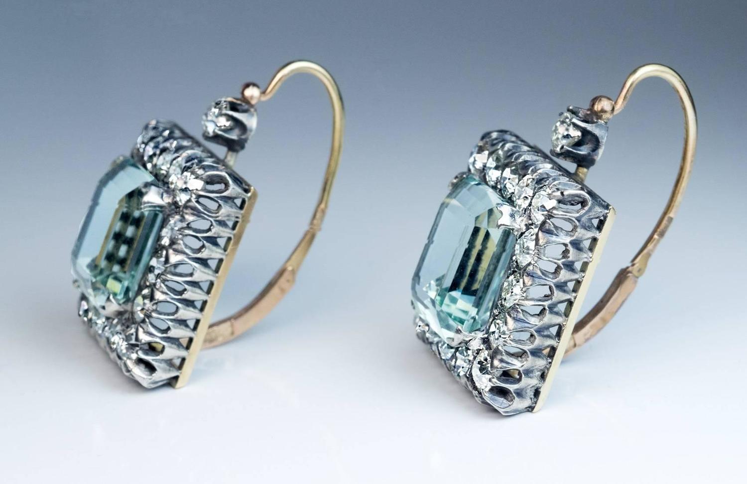 Large Aquamarine Diamond Russian Art Deco Earrings For