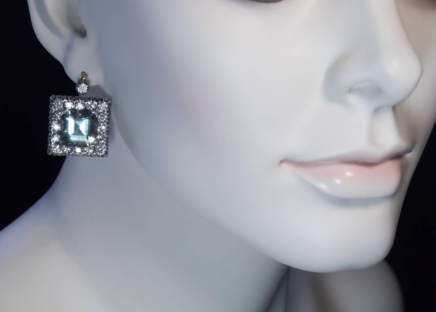 Große Aquamarin-Diamant-Ohrringe im russischen Art déco-Stil im Zustand „Hervorragend“ in Chicago, IL