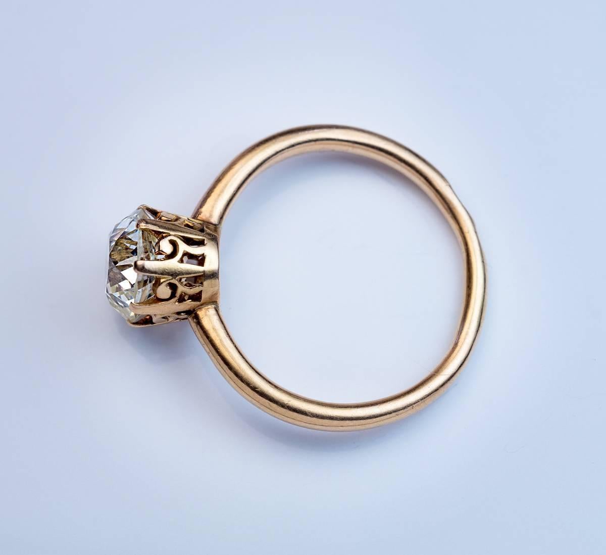 Women's Antique Russian 2.66 Carat Cushion Cut Diamond Gold Engagement Ring