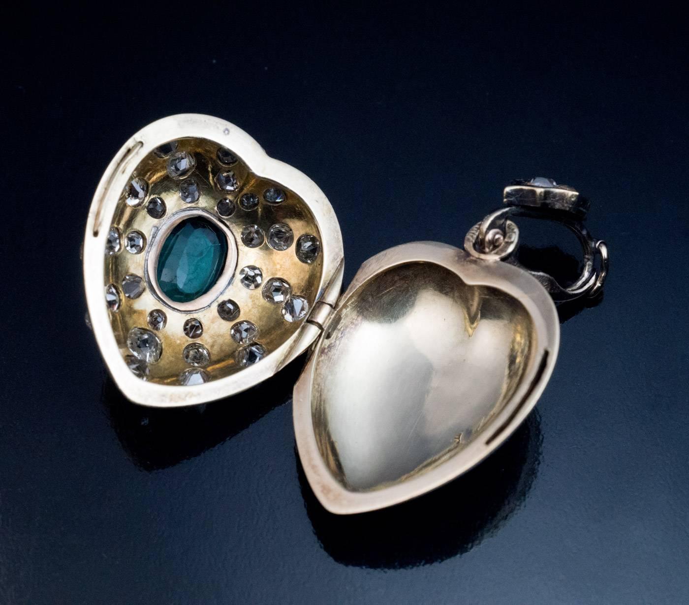 Antiker Emaille-Smaragd-Diamant-Gold herzförmiger Medaillon-Anhänger 1