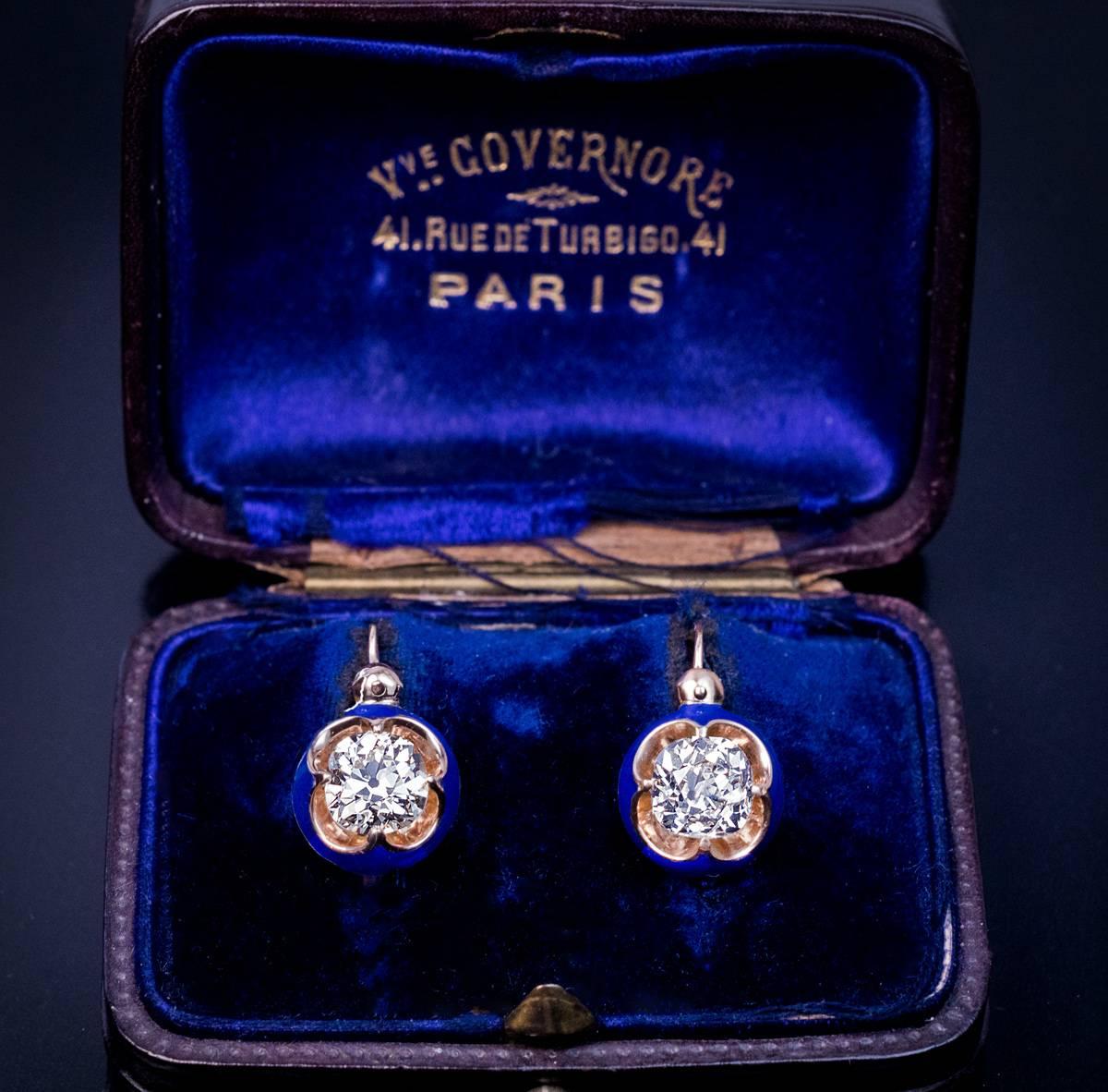 Women's or Men's Antique Solitaire 1 Carat Diamond Blue Enamel Earrings