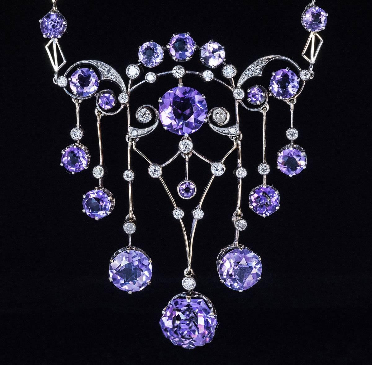 1930s Russian Amethyst Diamond Silver Necklace  In Excellent Condition In Chicago, IL