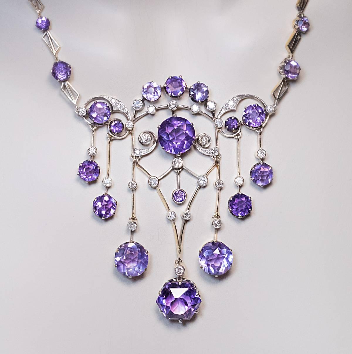 1930s Russian Amethyst Diamond Silver Necklace  1