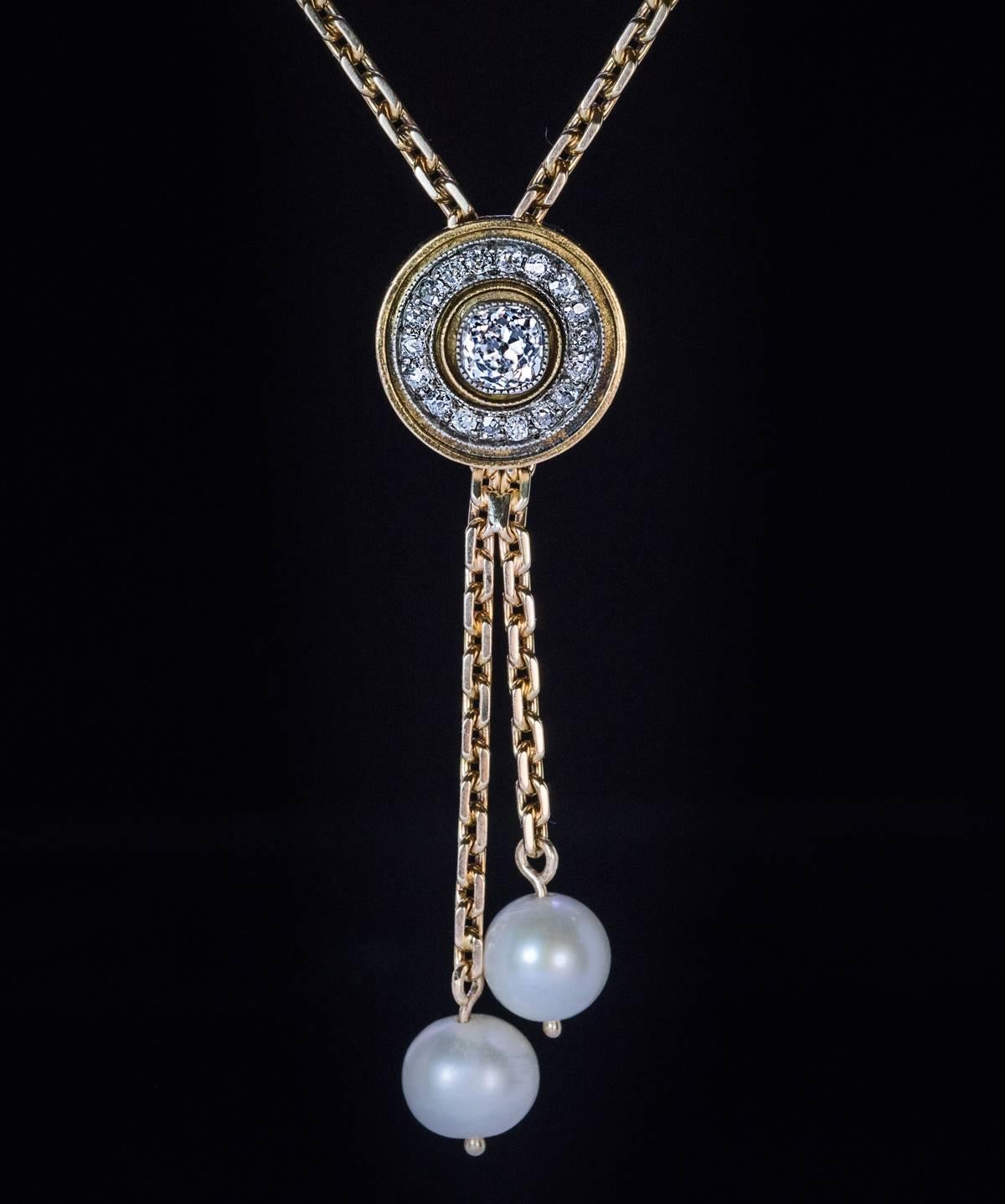 Antique Russian Diamond Pearl Gold Drop Necklace In Excellent Condition In Chicago, IL