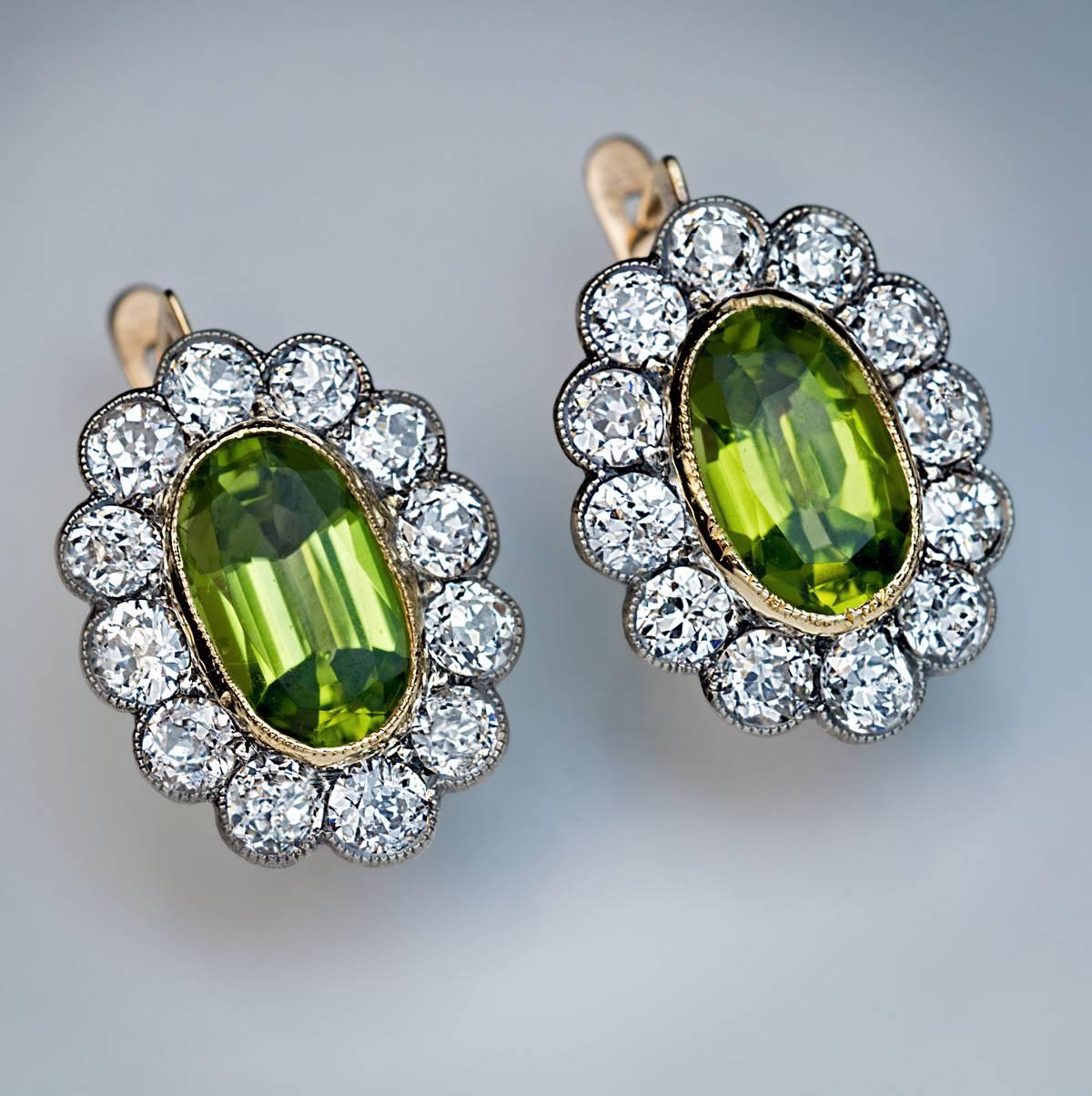 Edwardian Antique Russian Peridot Diamond Cluster Earrings