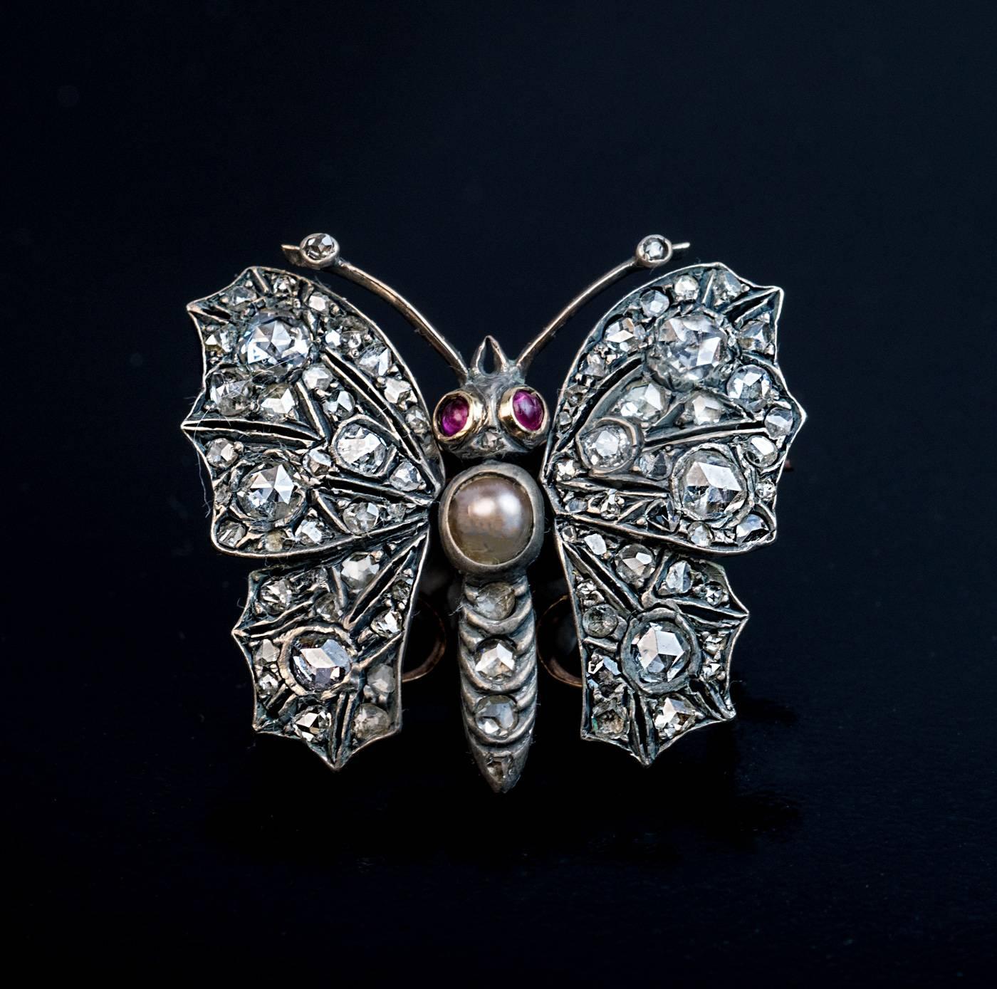 Antique Victorian 19th Century Diamond Butterfly Brooch Pendant In Excellent Condition In Chicago, IL