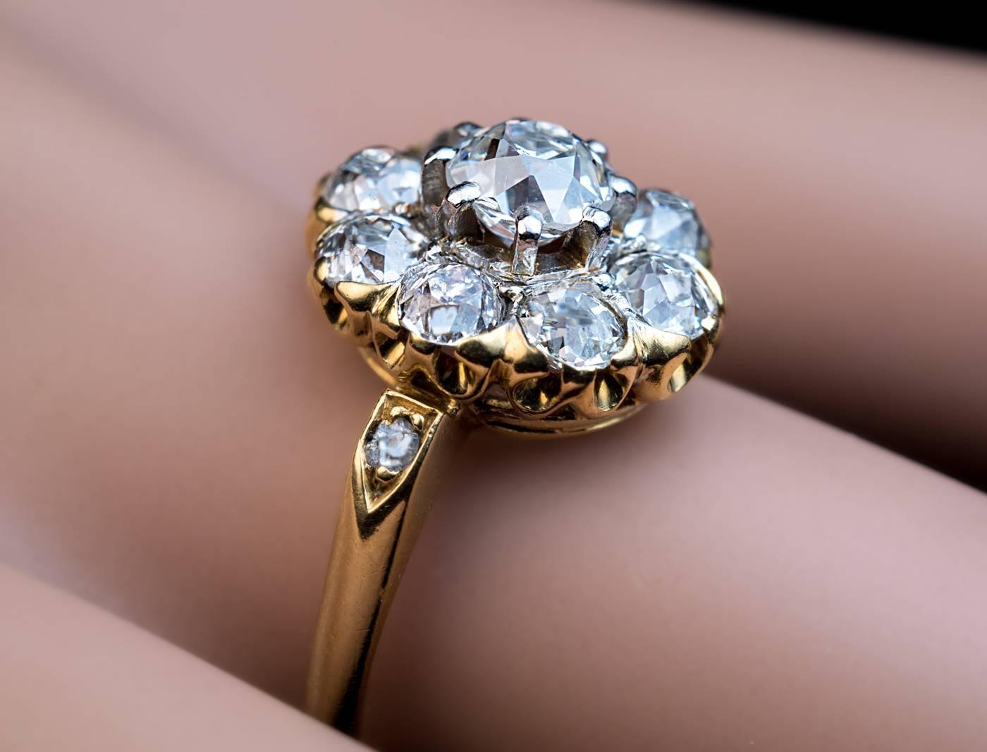Antique 2.30 Carats Diamond Cluster Platinum Gold Engagement Ring In Excellent Condition In Chicago, IL