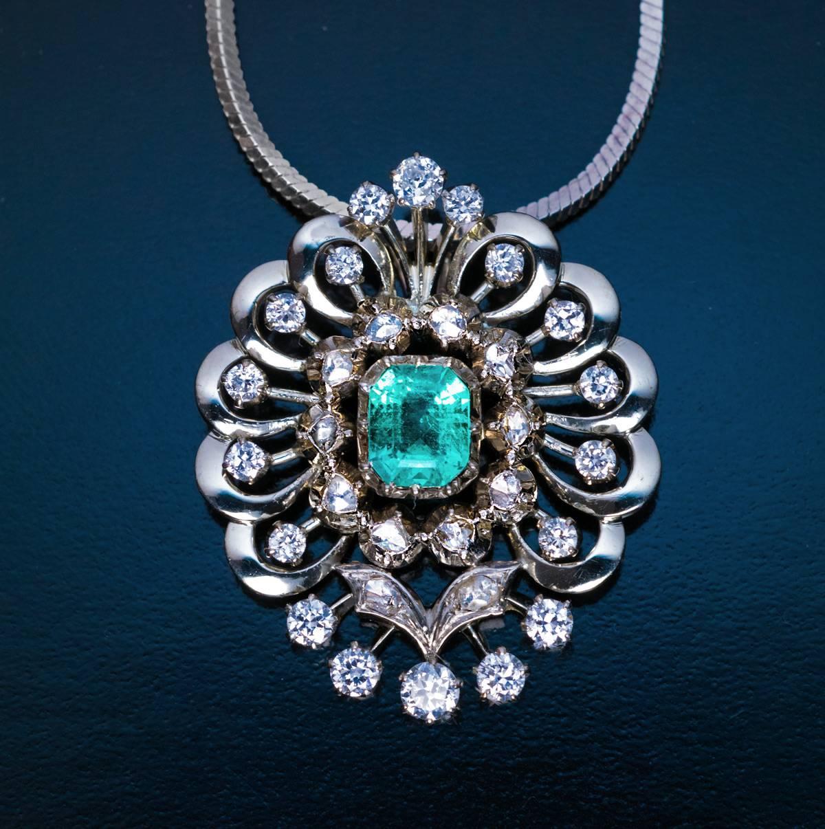 Women's Emerald Diamond White Gold Openwork Pendant 1930S