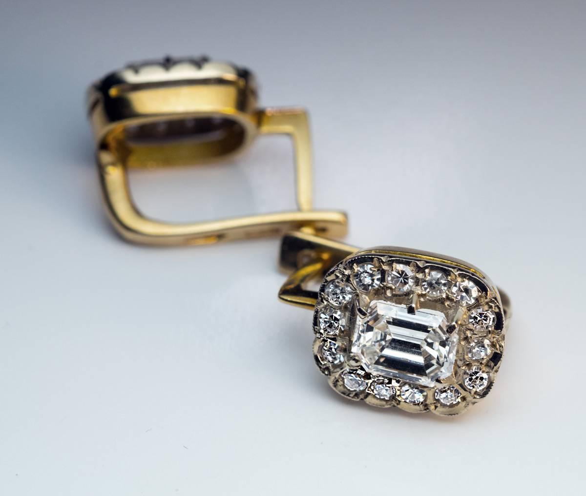 Russian Emerald Cut Diamond Cluster Earrings 1