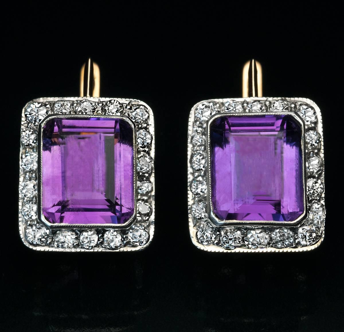 Russian Art Deco Amethyst Diamond silver topped gold Cluster Earrings In Excellent Condition In Chicago, IL