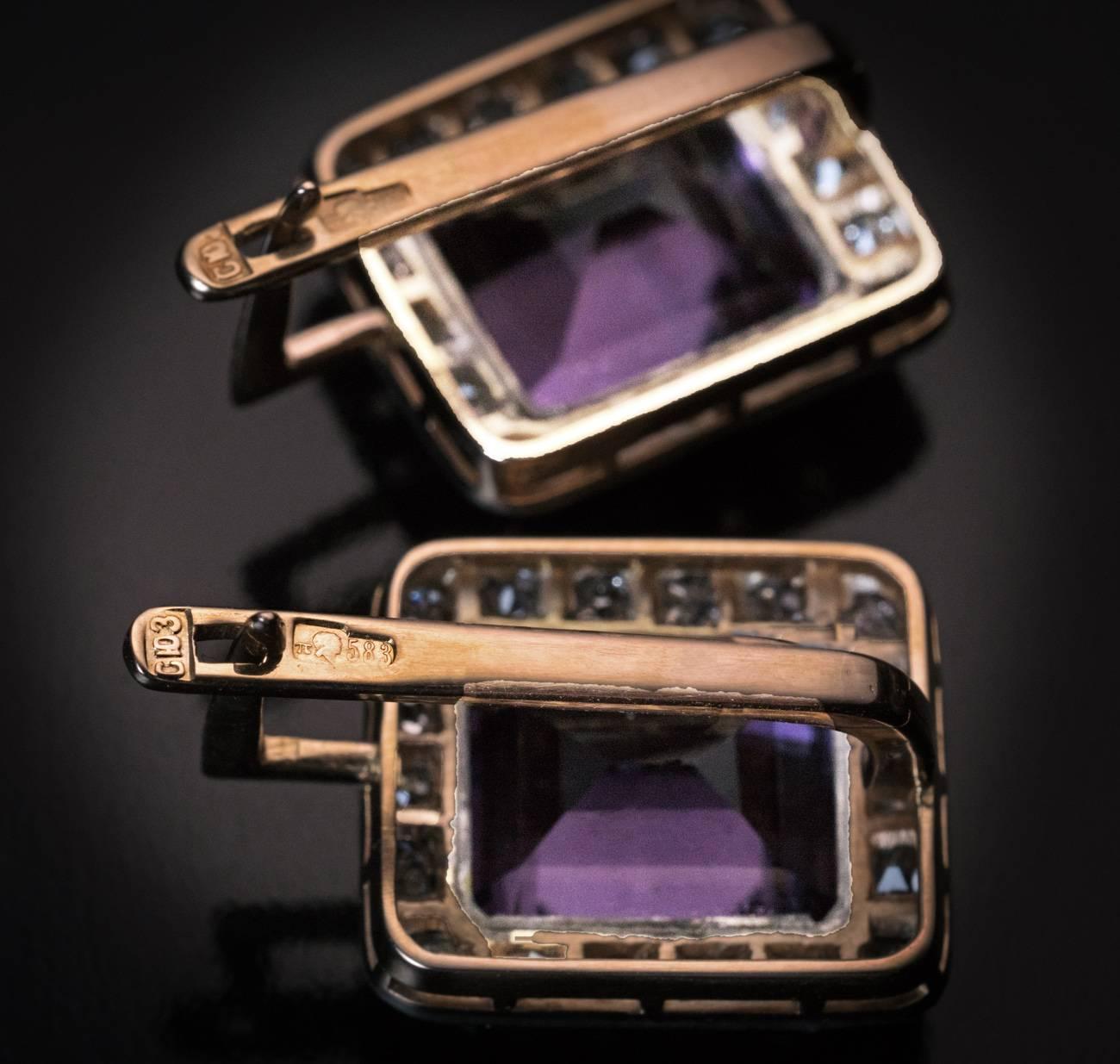Women's Russian Art Deco Amethyst Diamond silver topped gold Cluster Earrings