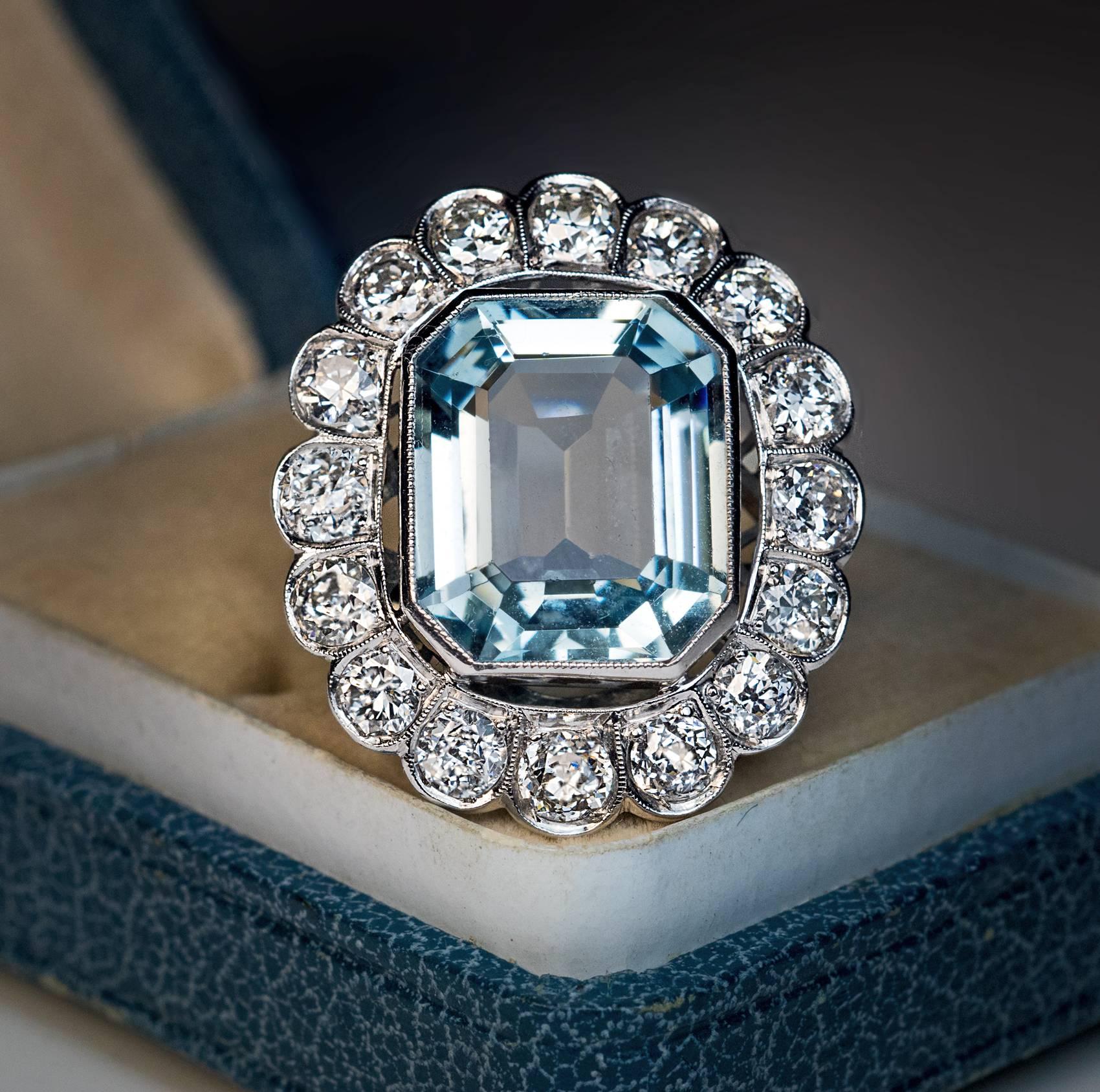 Emerald Cut 1920s Aquamarine Diamond Platinum Cluster Ring