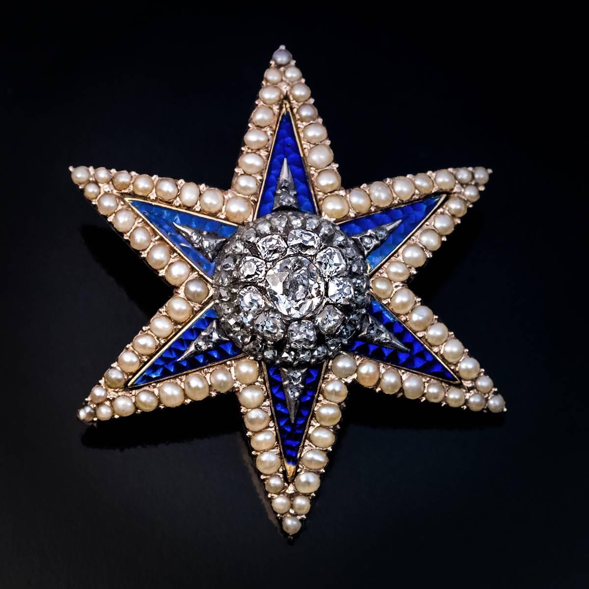 Victorian Antique Diamond Enamel Pearl Star Brooch Pendant