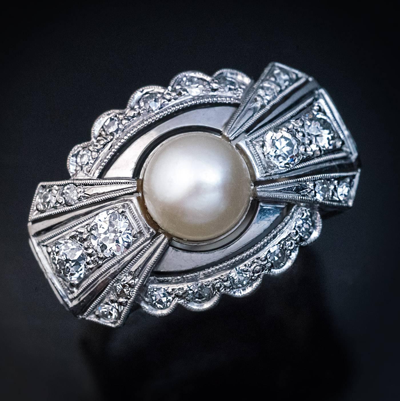 Women's or Men's Art Deco Bow Motif Pearl Diamond Ring For Sale