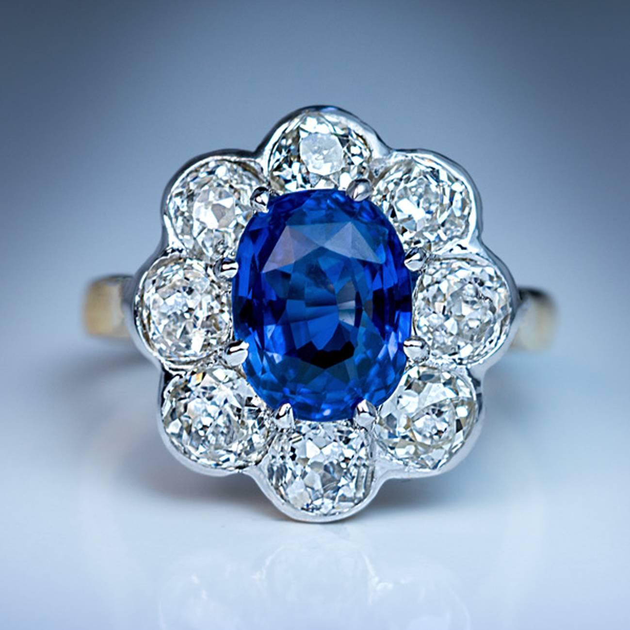 Antique French Sapphire Diamond Engagement Ring In Excellent Condition In Chicago, IL