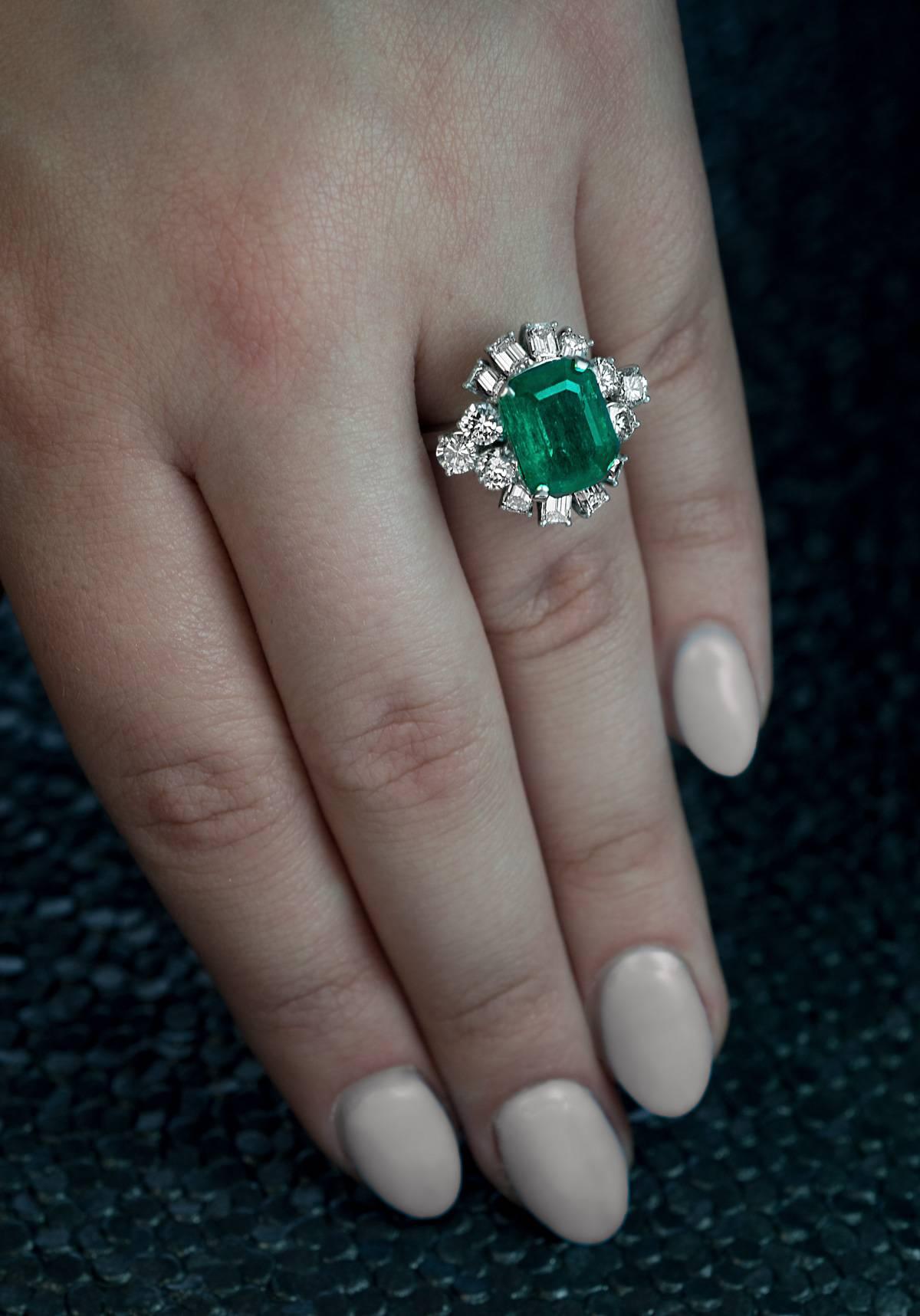 Emerald Cut Mid-Century Emerald Diamond Platinum Ring