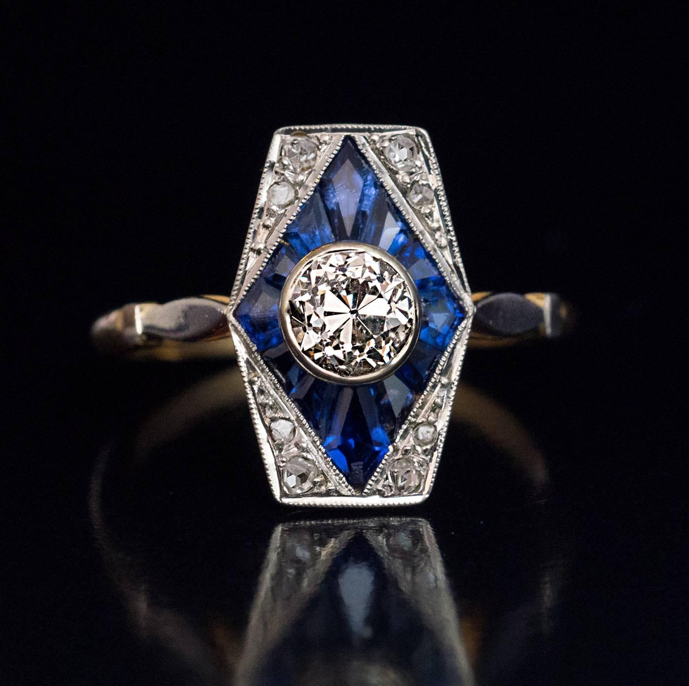 Rose Cut Antique French Early Art Deco Calibre Sapphire Diamond Engagement Ring