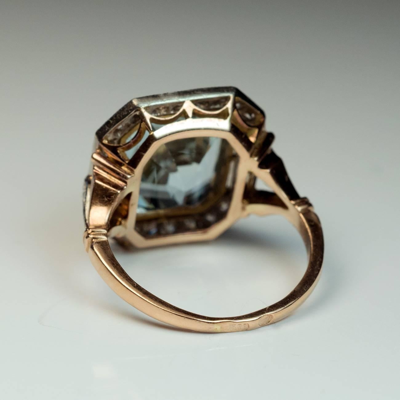Emerald Cut Art Deco Russian Aquamarine Diamond Gold Ring, circa 1930