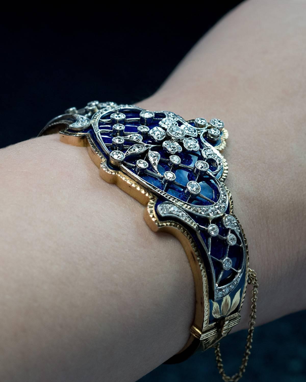 Women's Belle Époque Antique Blue Enamel Diamond Platinum Gold Bracelet