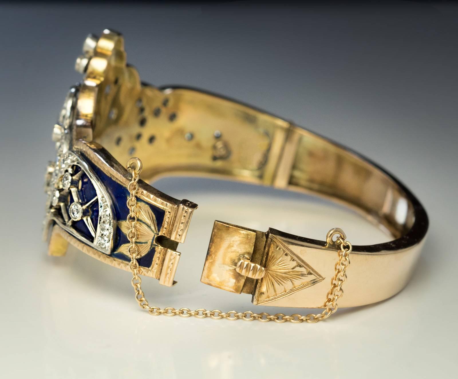 Belle Époque Antique Blue Enamel Diamond Platinum Gold Bracelet 1