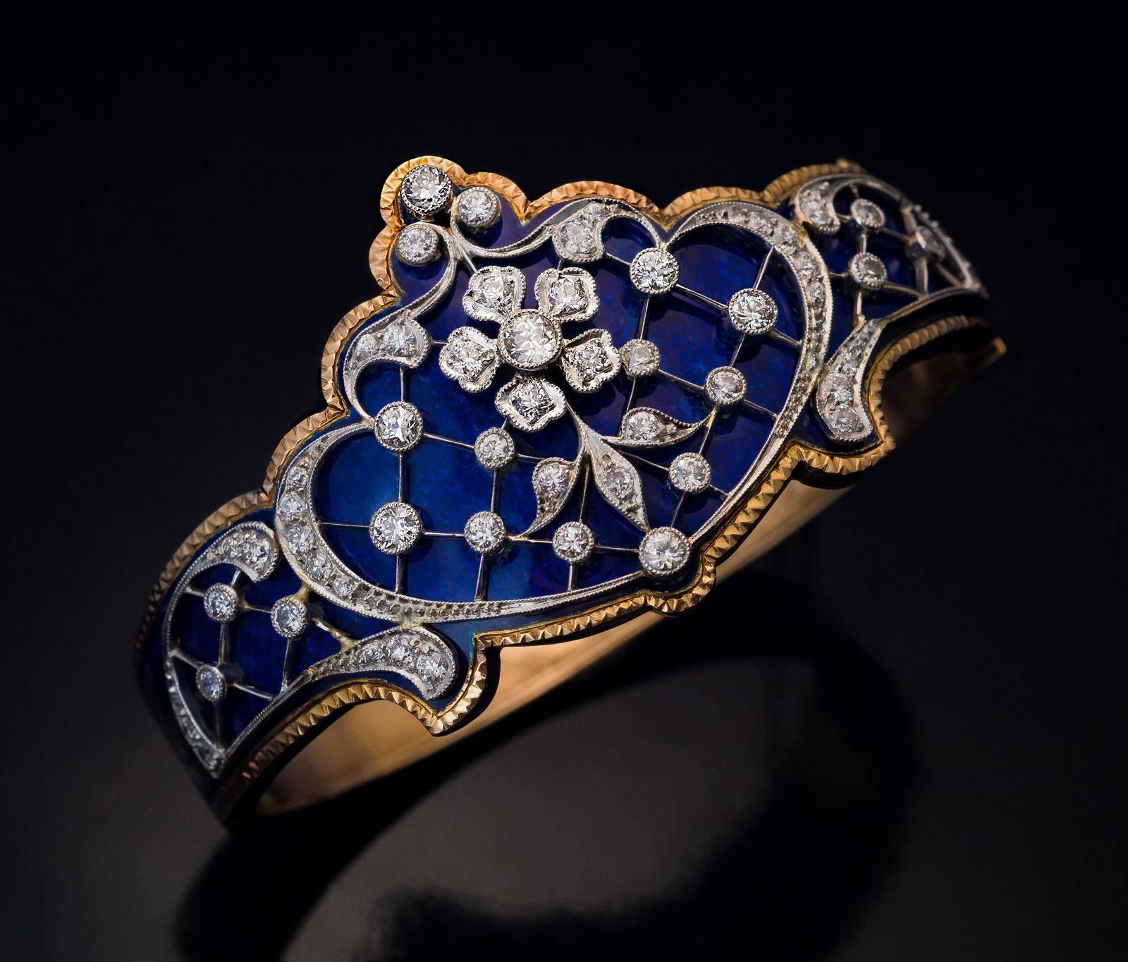 Belle Époque Antique Blue Enamel Diamond Platinum Gold Bracelet 2