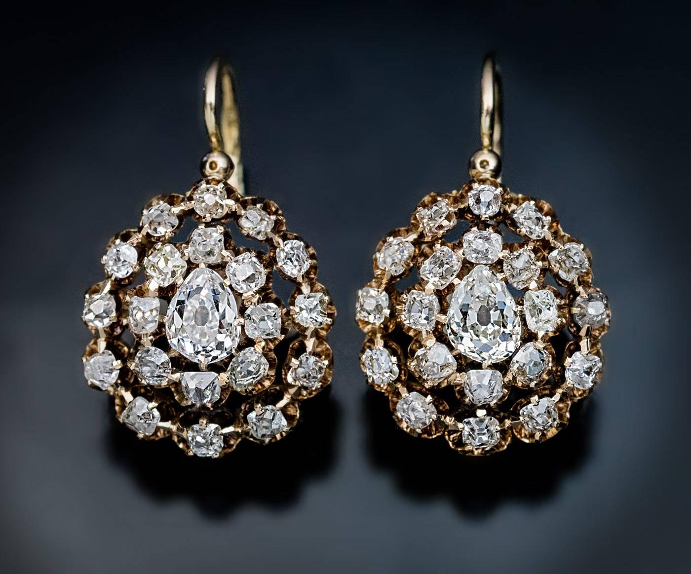 Victorian 1880s Antique Russian 3 Carat Diamonds Gold Drop Earrings