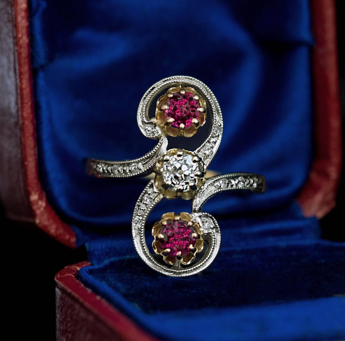 Edwardian Belle Époque Antique Diamond Ruby Scroll Ring For Sale