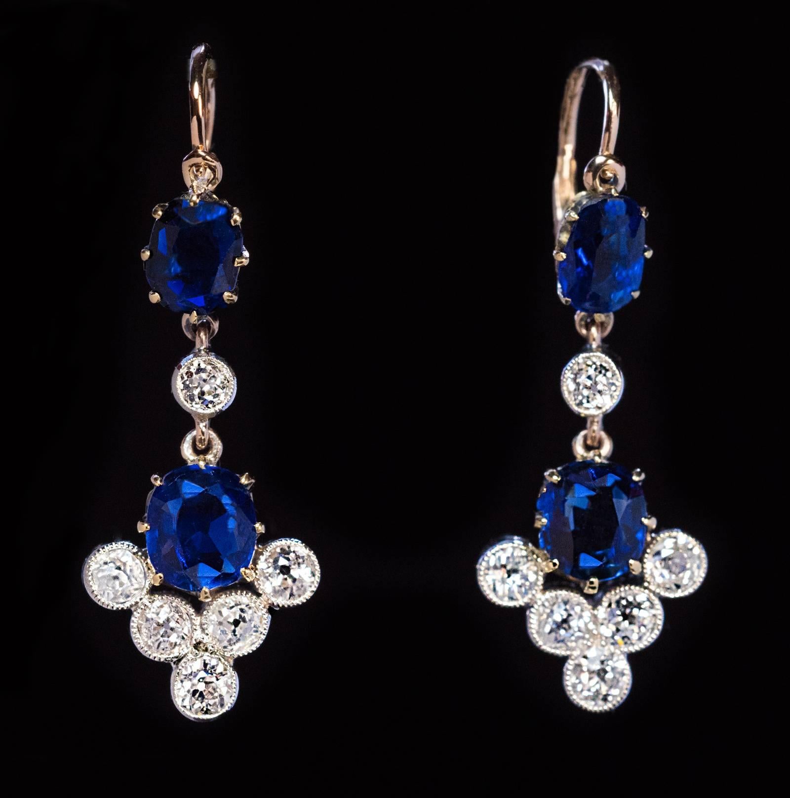 Women's Antique Russian Sapphire and Diamond Dangle Earrings