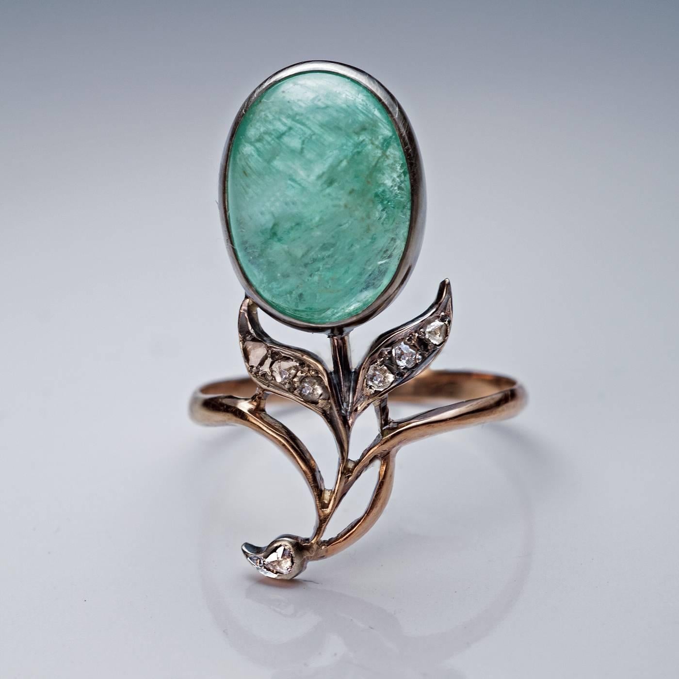Antique Art Nouveau Russian Cabochon Emerald Rose Cut Diamond Gold Ring 1